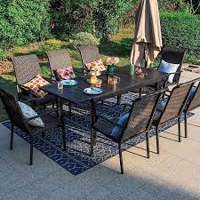 9 Piece Metal Patio Outdoor Dining Set With Expandable Table And Brown Rattan High Back Wave Arm Chairs