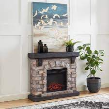 Edyo Living 40 In Tan Freestanding Faux Stone Infrared Electric Fireplace With Mantel