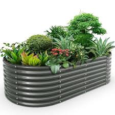 8 Ft X 4 Ft X 2 Ft Quartz Gray Oval Metal Galvanized Raised Garden Bed For Vegetables And Flowers