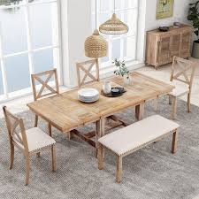 Brown 6 Piece Extendable Dining Table With Footrest 4 Linen Upholstered Chairs And One Bench Two 11 Removable Leaves
