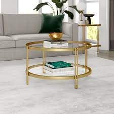 Inez 32 Wide Round Coffee Table With Glass Shelf In Brass