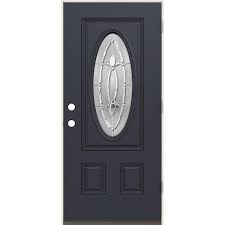 Jeld Wen 36 In X 80 In Left Hand 3 4 Oval Blakely Glass Black Paint Fiberglass Prehung Front Door W Rot Resistant Frame