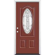 Masonite 36 In X 80 In Ham 3 4 Oval Lite Right Hand Inswing Painted Steel Prehung Front Exterior Door With Brickmold Red Bluff