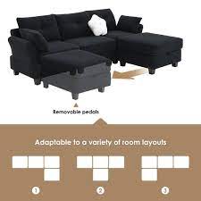 92 In Flared Arm L Shaped Teddy Velvet Fabric Modern Sectional Sofa In Black With Charging Ports And Storage Ottoman