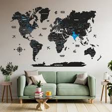 Black Blue Wooden World Map Wooden