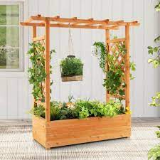 Raised Wood Garden Bed With Trellis Or Climbing Plant And Pot Hanging