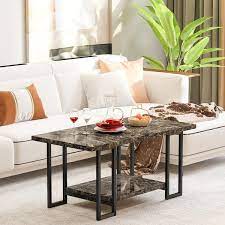 Modern 39 In Brown Rectangle Faux Marble Coffee Table With Steel Frame