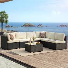 7 Pieces Wicker Outdoor Sectional Sofa Set 6 Person Seating Group With Khaki Cushions