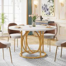 Tribesigns Way To Origin Modern White Gold Wood 47 In Pedestal Dining Table Round Kitchen Table Seats 4 To 6