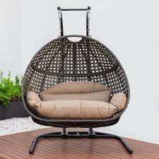 Leisuremod Wicker Hanging Double Egg Swing Chair Brown