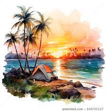 Watercolor Drawing Landscape Sunset By