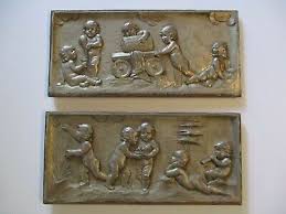 Antique Pair Carving Wood Panel Cupid