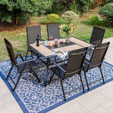 7 Piece Black Metal Patio Outdoor Dining Set With Geometric Rectangle Table And Black Folding Reclining Sling Chairs