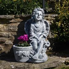 Polystone Cherub With Planter Home Or