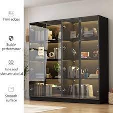 Fufu Gaga Black Wood Storage Cabinet Display Cabinet With Tempered Glass Doors 3 Color Led Lights And Aluminum Framed