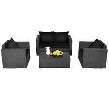 Gymax 4pcs Rattan Patio Conversation Set Outdoor Furniture Set W Black Cushions