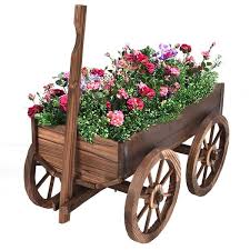 Costway Wood Wagon Flower Planter Pot Stand W Wheels Home Garden Outdoor Decor