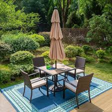Phi Villa Black 6 Piece Metal Square Table Patio Outdoor Dining Set With Beige Umbrella And Rattan Chairs With Beige Cushion