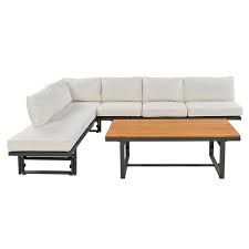 3 Piece Metal Outdoor Patio Sectional Sofa Set With Height Adjustable Seating And Coffee Table With Beige Cushion