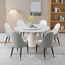 Forclover White Stone 59 In Round Deluxe Wood And Metal Pedestal Base Revolving Dining Table For Dining Room Seats 8 White Gold