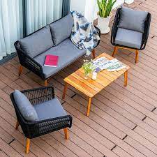 Mieres 4 Piece Wicker Patio Conversation Set With Gray Cushions