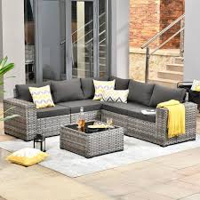 Tahoe Gray 6 Piece Wicker Extra Wide Arm Outdoor Patio Conversation Sofa Set With Black Cushions