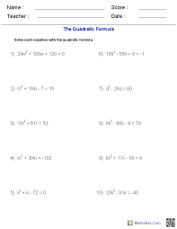 Algebra 1 Worksheets Quadratic