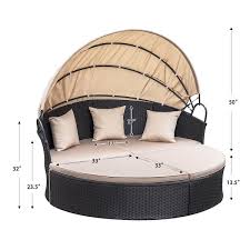 Tozey Chillrest Black Rattan Wicker Outdoor Patio Round Daybed With Retractable Canopy And Beige Cushions