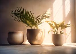 Three Plant Pots In Front Of A White Wall