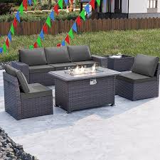 Halmuz 7 Piece Wicker Patio Conversation Set With 55000 Btu Gas Fire Pit Table And Glass Coffee Table And Grey Cushions