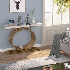 Byblight Turrella 40 In Faux Marble White 32 In Height Rectangle Mdf Console Table With Gold Base Modern Entryway Sofa Table