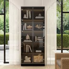 Black Wood 31 5 In W Display Cabinet With Pop Up Tempered Glass Doors And 3 Color Led Lights