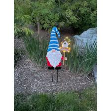 30 5 In Metal Gnome With Bird Garden Stake With Solar Led Lights
