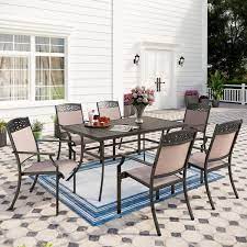 7 Piece Sling Outdoor Dining Set With 2 Swivel Rockers Chairs