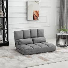 Homcom Convertible Floor Sofa Chair Folding Couch Bed Guest Chaise Lounge With 2 Pillows Adjustable Backrest And Headrest Gray