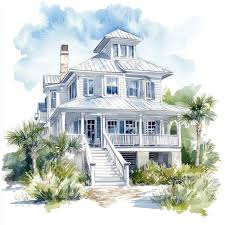 Watercolor Beach House Colonial Revival