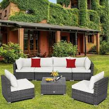 7 Pieces Patio Rattan Furniture Set Sectional Sofa Garden Cushion White