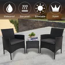 Black 3 Piece Wicker Outdoor Bistro Set With Gray Cushions