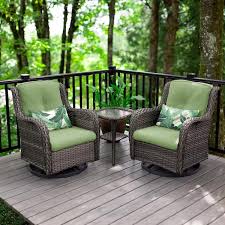 3 Piece Wicker Patio Swivel Outdoor Rocking Chair Set With Green Cushions And Table