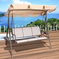 3 Person Metal Frame Beige Outdoor Patio Swing Chair With Canopy