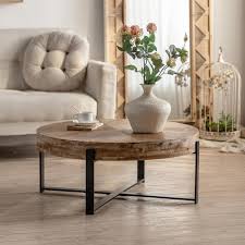 31 29 In Natural Round Wood Coffee Table With Black Cross Legs Base