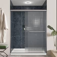 60 In W X 72 In H Sliding Semi Frameless Shower Door In Brushed Nickel Finish With Frosted Glass
