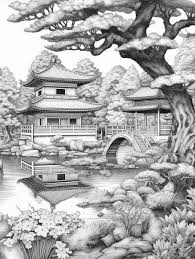 A Drawing Of A Japanese Garden With A