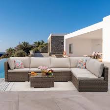 Cesicia 7 Piece Wicker Outdoor Sectional Sofa Set Patio Conversation Set With Beige Cushions