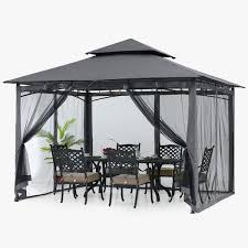 10 Ft X 12 Ft Gray Steel Outdoor Patio Gazebo With Vented Soft Roof Canopy And Netting