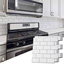 Art3dwallpanels 12 In X 12 In Vinyl L And Stick Tile New Version Warm White With Gray Grout For Kitchen Backsplash 8 2 Sq Ft Box