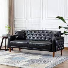 78 In Wide Square Arm Faux Leather Mid Century Modern Straight Tufted Sofa With Pillows In Black