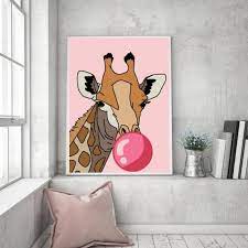 Bubble Gum Giraffe Pink Preppy Wall Art