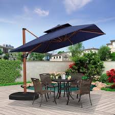 9 Ft Square High Quality Wood Pattern Aluminum Cantilever Polyester Patio Umbrella With Wheels Base Navy Blue