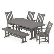 Polywood Vineyard 6 Piece Farmhouse Trestle Arm Chair Dining Set With Bench In Slate Grey